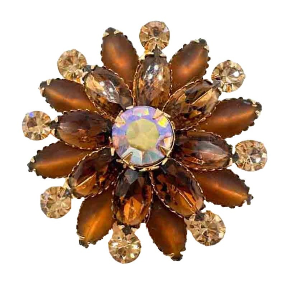 Vintage Signed Judy Lee Rhinestone Brooch Amber Aurora Borealis Star 2" c1970s